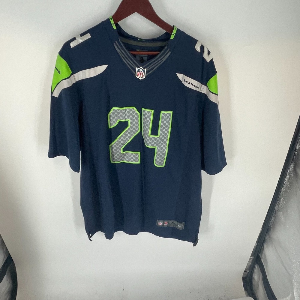 Seattle Seahawks #24 Marshawn Lynch Nike On-Field Mens Navy Blue NFL Jersey XL